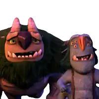 a couple of cartoon characters standing next to each other with a white background