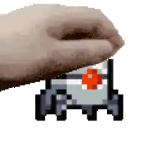 a pixel art drawing of a hand holding a box with an orange cross on it