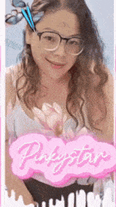 a picture of a girl with glasses and the words pinkystar