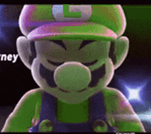 a close up of a video game character with a l on his hat