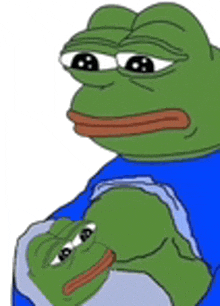 a frog in a blue shirt is holding another frog in his arms .