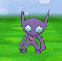 a pixel art drawing of a purple monster with a red jewel on its chest