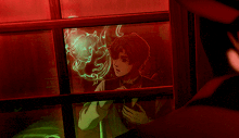 a man in a suit is looking out of a window with smoke coming out of his mouth