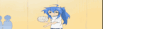 a blurry picture of a girl with blue hair holding a volleyball on her head .