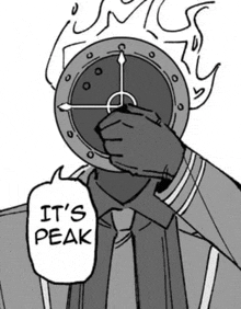 a black and white drawing of a man in a suit and tie holding a clock in front of his face .