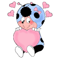 a ladybug is holding a pink heart with hearts around her