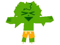 a pixel art drawing of a green cartoon character wearing shorts