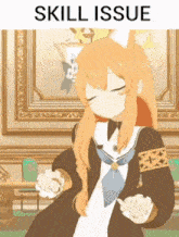 a girl with orange hair is sitting in front of a framed picture with the words skill issue above her