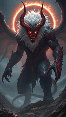 a demon with red eyes and horns is surrounded by a halo of fire