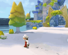 a cartoon character is standing in a snowy area with trees in the background