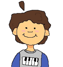 a pixel art drawing of a boy wearing a shirt with piano keys on it