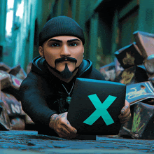 a man with a beard holds a black box with a green x on it