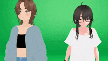 two anime girls are standing next to each other with one wearing glasses