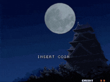 a statue of a man stands in front of a full moon and says insert coin