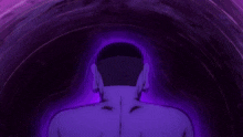 a purple and white drawing of a person with a mask on