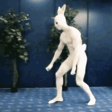 a naked man in a white bunny costume is dancing on a blue floor