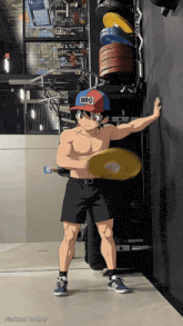 a shirtless anime character with a bro hat on