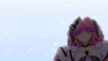 a girl with pink hair and a purple bow on her head