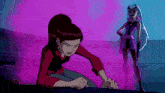 a couple of cartoon characters are standing next to each other in a room .