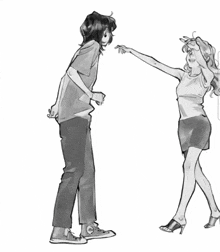a black and white drawing of a man and a woman dancing together