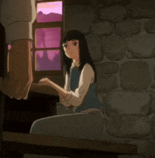 a girl in a blue dress sits on a bench next to a man