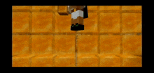 a minecraft character is standing in front of a wall of orange cubes .