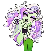 a cartoon drawing of a girl with purple hair and green skin