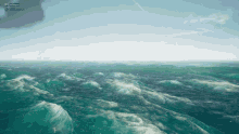 a screenshot of a video game shows a large body of water with waves coming in