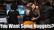 a man with long hair and a mustache is holding a bag of nuggets