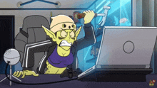 a cartoon character is holding a hammer and looking at a laptop