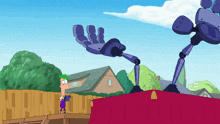 a cartoon of perry the platypus standing on a bridge looking at a robot