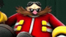 a close up of a cartoon character with a mustache and goggles on .