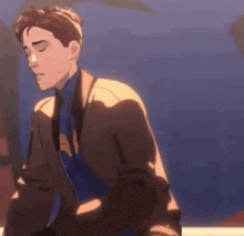 a man in a suit and tie is sitting down with his eyes closed and looking down .