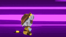 a purple and white striped background with a cartoon character