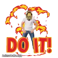 a man with a cartoon character on his head is standing in front of a do it sign