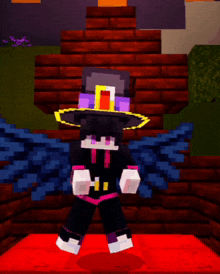 a minecraft character wearing a purple hat with wings