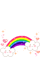 a pixel art of a rainbow and two clouds with hearts and stars .