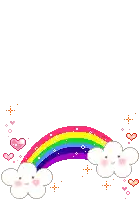 a pixel art of a rainbow and two clouds with hearts and stars .