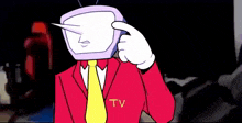 a cartoon character with a tv head and a red suit