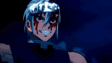 a cartoon character with blood on his face is smiling in front of another character