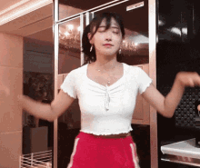 a woman in a white top and red skirt is standing in front of a refrigerator