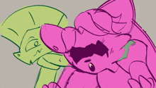 a cartoon drawing of a pink raccoon and a yellow turtle .