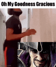 a man with a beard is standing next to a picture of a pirate
