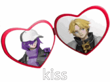 a picture of a boy and a girl in heart shaped frames with the word kiss below them