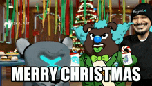 a cartoon says merry christmas in front of a clown