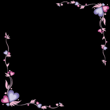 a black background with pink and purple flowers and hearts