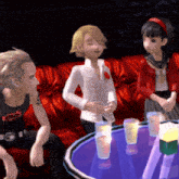 a group of cartoon characters are sitting around a table with drinks on it