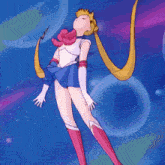 a cartoon drawing of a girl in a blue and pink outfit