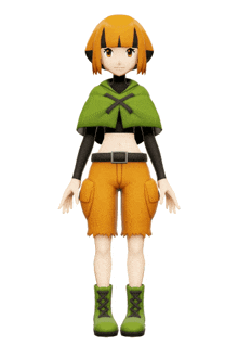 a 3d model of a girl with a green cape and orange shorts