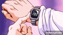 a person is wearing a watch on their wrist and it shows the time as 9:52 .